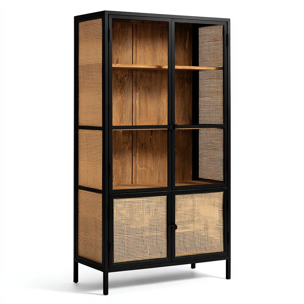 Bibliothèque métal et rotin 90x40x185 cm - noir et naturel - adaptée au bureau - design moderne-Nestlevo