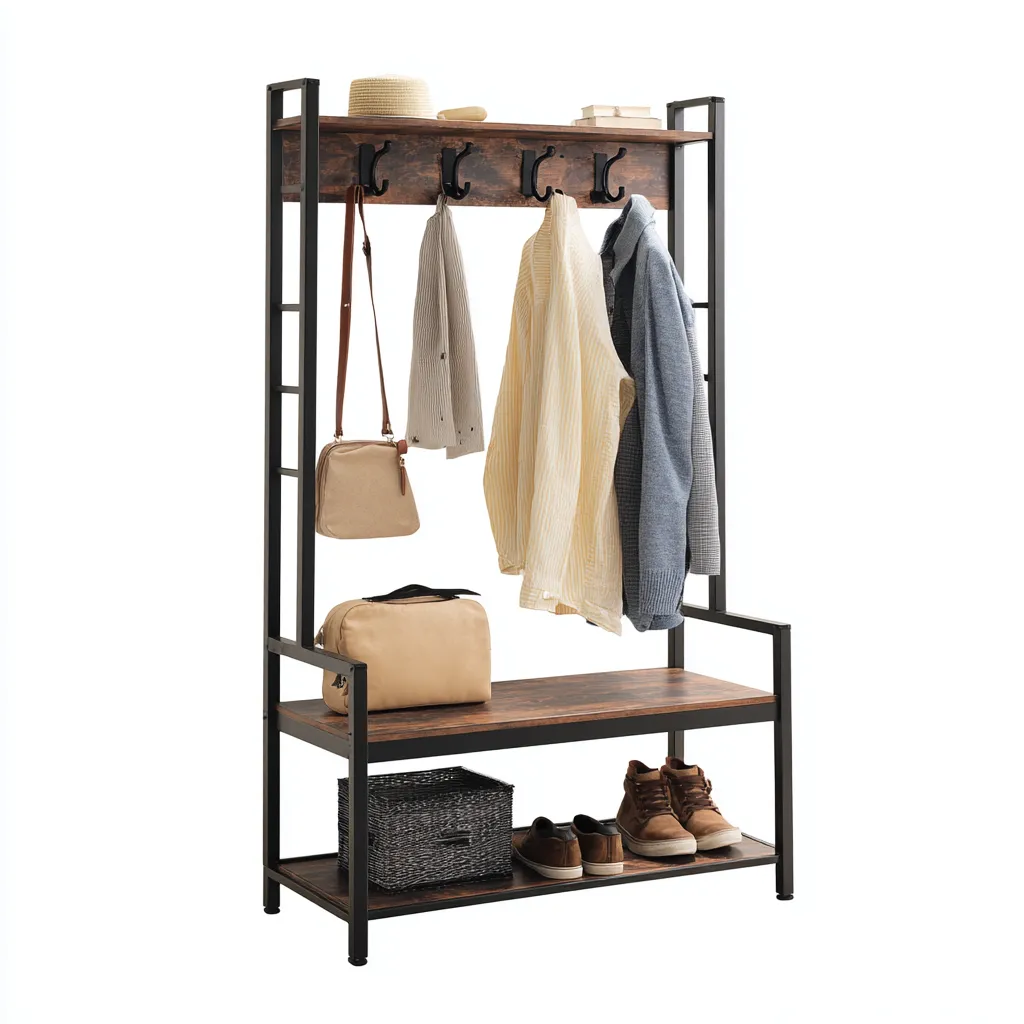 Porte manteau - métal - bois - 100x40x185 cm - noir - bois naturel - adapté à l'entrée - avec crochets et étagères de rangement - style industriel-Nestlevo