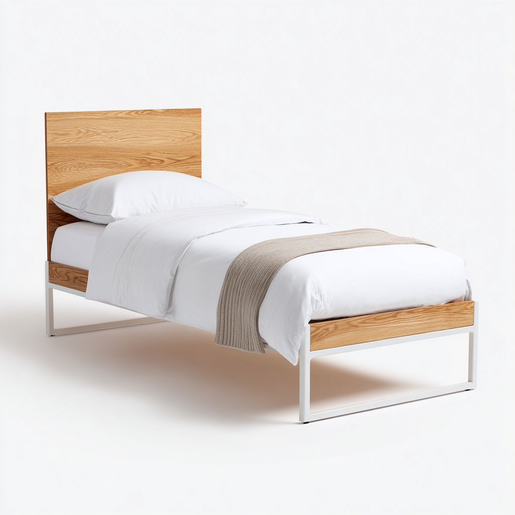 Lit simple - bois - métal - 200x100x90 cm - chêne - blanc - design moderne - adapté à la chambre-Nestlevo