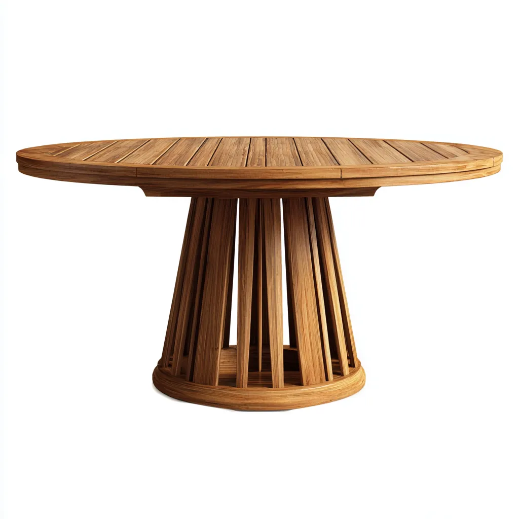 Table de jardin teck 150x150x76 cm - brun naturel - plateau à lattes - base sculpturale - design contemporain - adaptée à l'extérieur-Nestlevo
