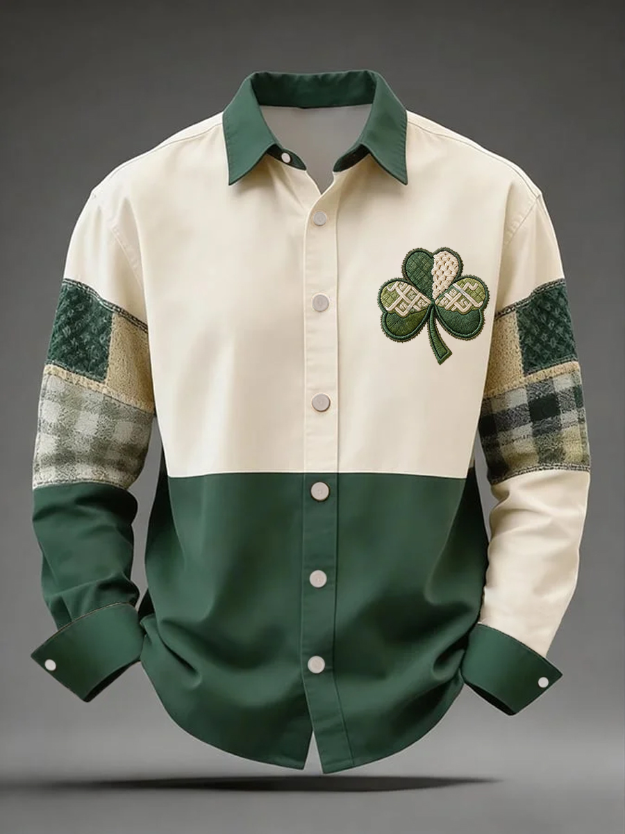 Men's St Patrick's Day Shamrock Print Casual Long-Sleeve Shirt  stpaddyshop