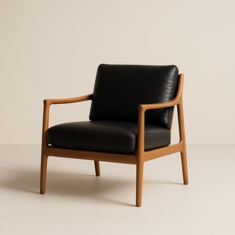 Poltrona in Pelle Nera con Struttura in Legno