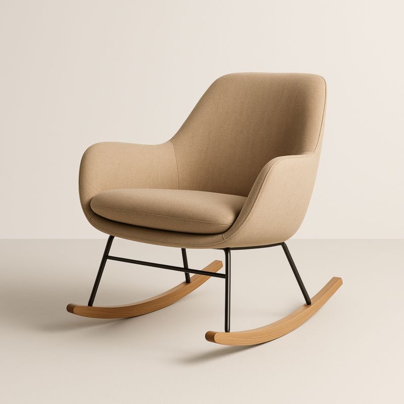 Poltrona a Dondolo in Tessuto con Struttura in Metallo e Gambe in Legno Beige