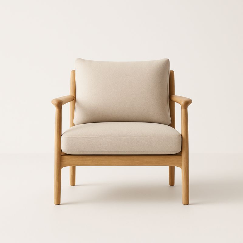 Poltrona in legno con seduta e schienale imbottiti in tessuto beige