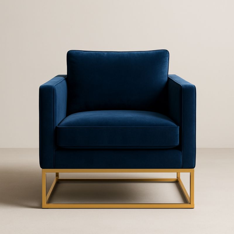 Poltrona in velluto blu con struttura in metallo