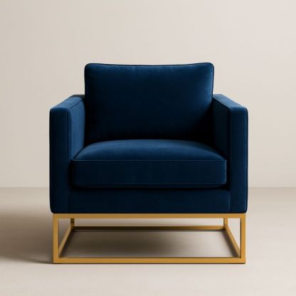 Poltrona in velluto blu con struttura in metallo