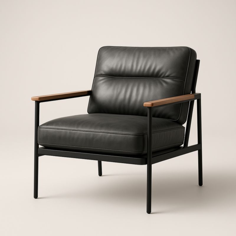 Poltrona in Pelle Nera con Struttura in Acciaio e Braccioli in Legno
