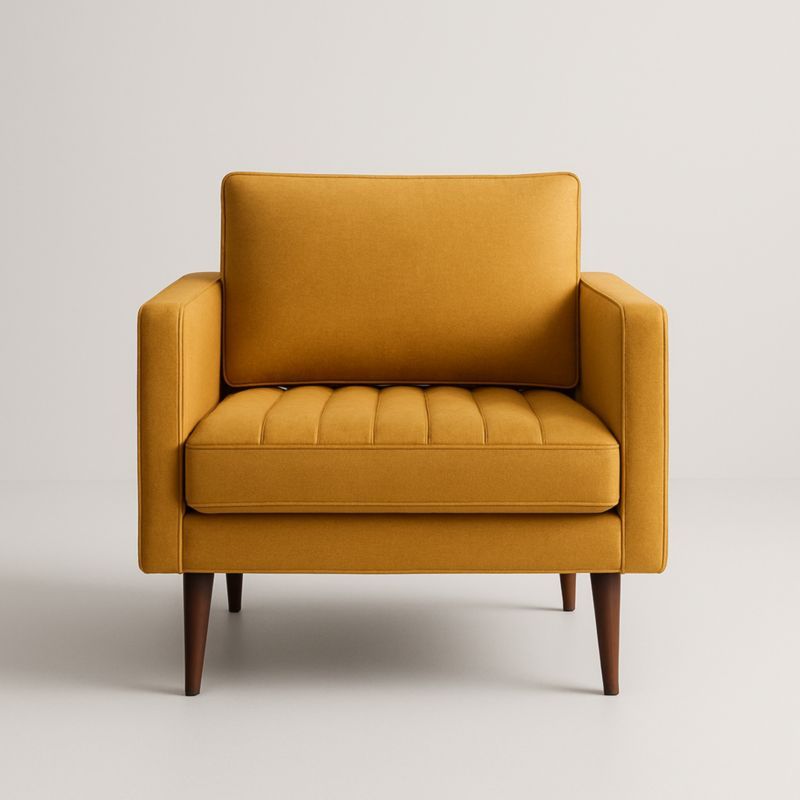 Poltrona in Tessuto Senape con Gambe in Legno, Seduta Imbottita