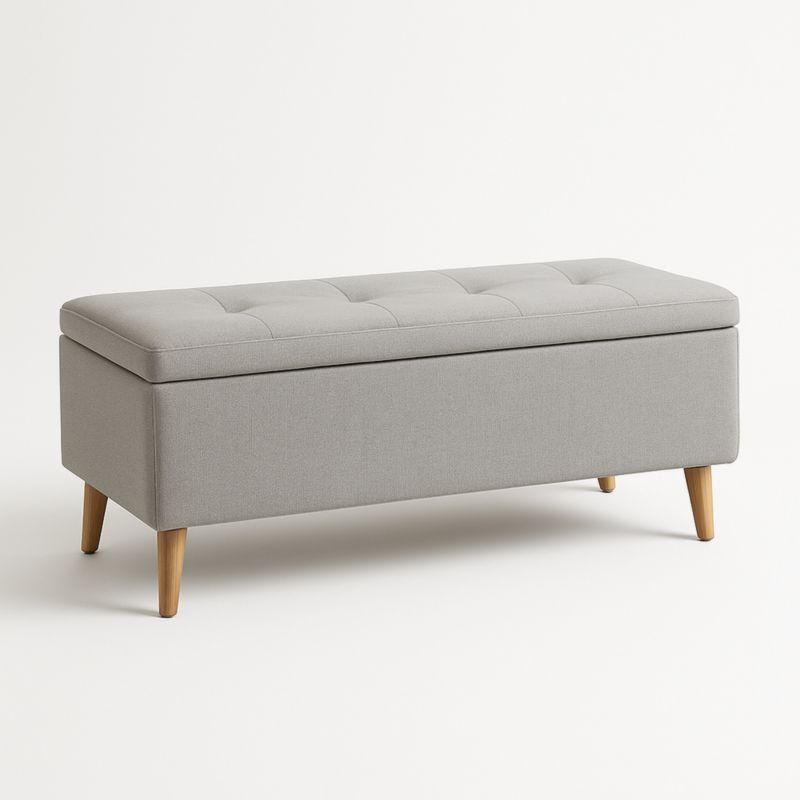 Panca con Contenitore in Tessuto Grigio con Gambe in Legno