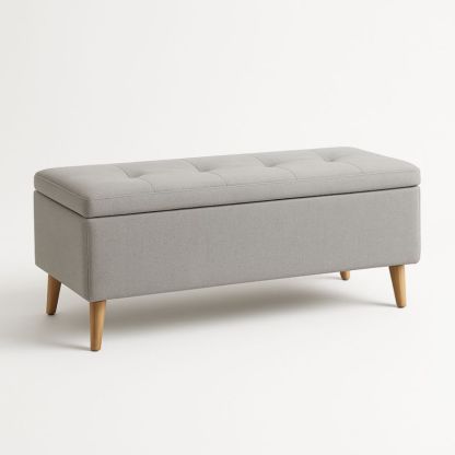 Panca con Contenitore in Tessuto Grigio con Gambe in Legno