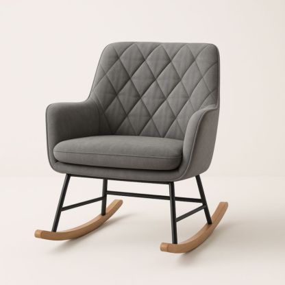 Sedia a dondolo in tessuto grigio con gambe in metallo e base in legno