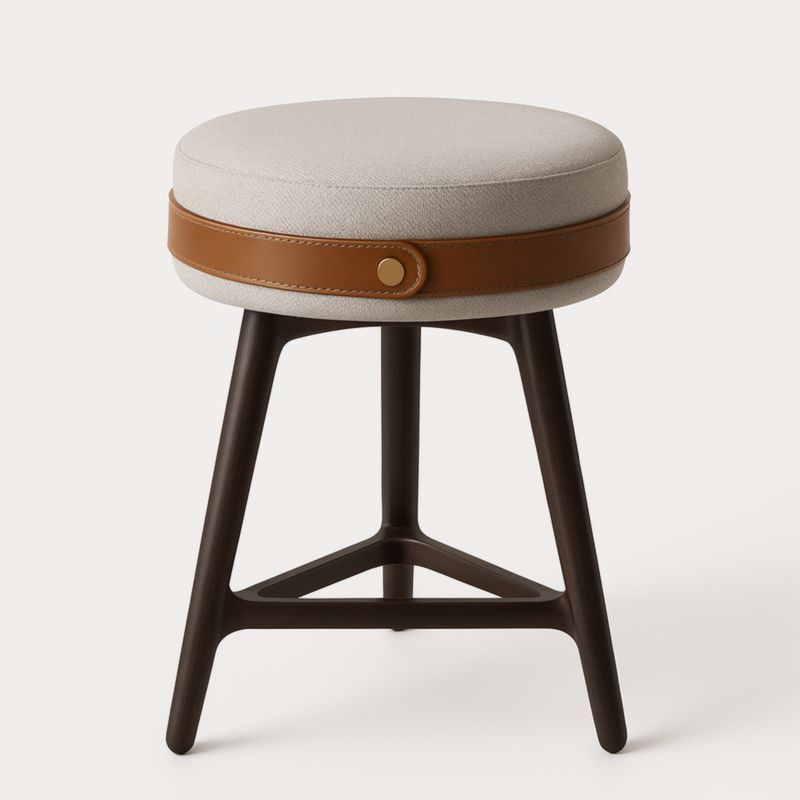 Sgabello Rotondo Legno Tessuto Beige Pelle PU Marrone H46 cm