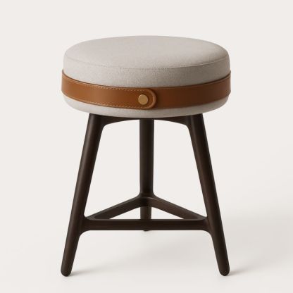 Sgabello Rotondo Legno Tessuto Beige Pelle PU Marrone H46 cm