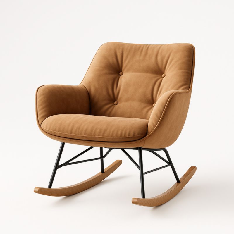 Poltrona a dondolo con struttura in metallo e legno, rivestimento marrone