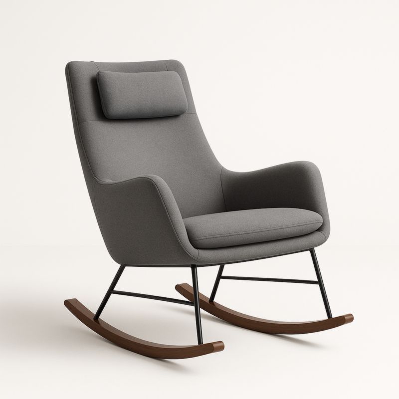 Sedia a dondolo in tessuto grigio con struttura in metallo e legno