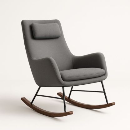 Sedia a dondolo in tessuto grigio con struttura in metallo e legno