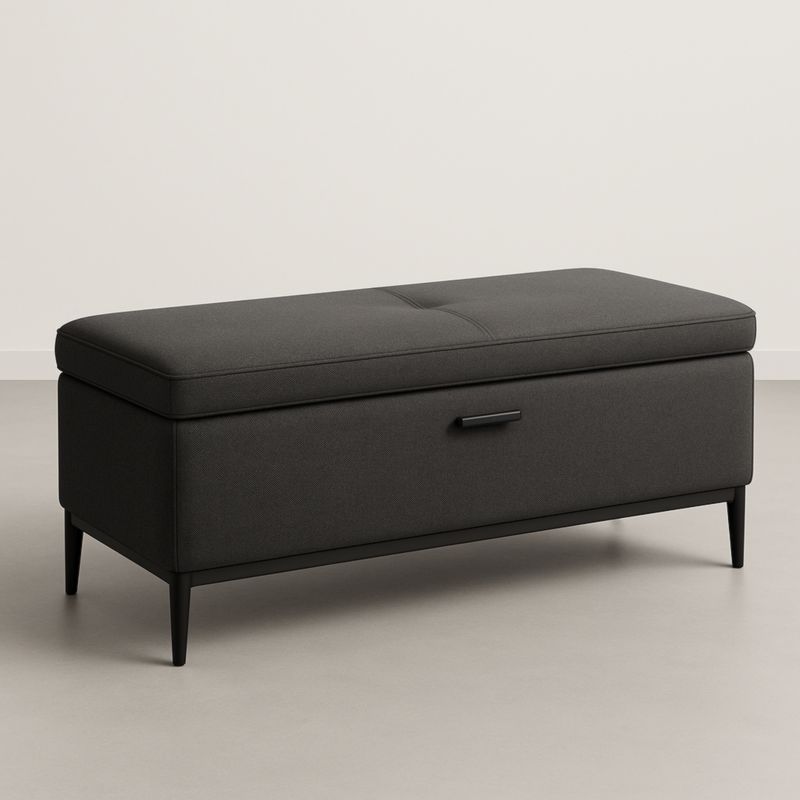 Panca contenitore in tessuto nero con gambe in metallo 120x40x45 cm