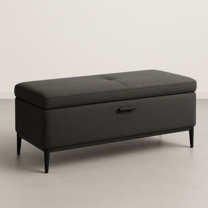 Panca contenitore in tessuto nero con gambe in metallo 120x40x45 cm