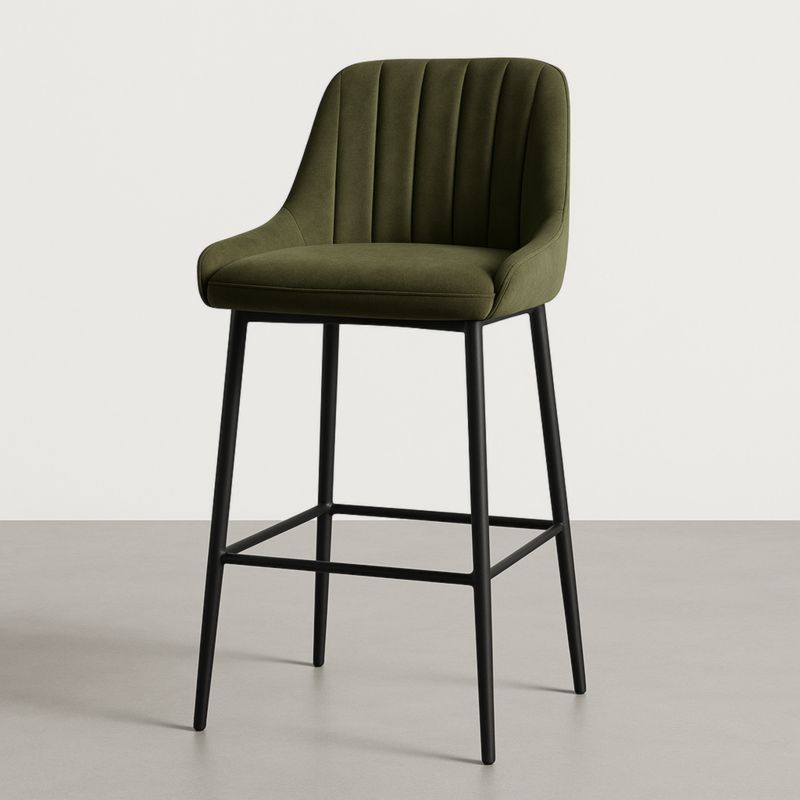 Sgabello Da Bar In Tessuto Verde, Struttura In Metallo Nero