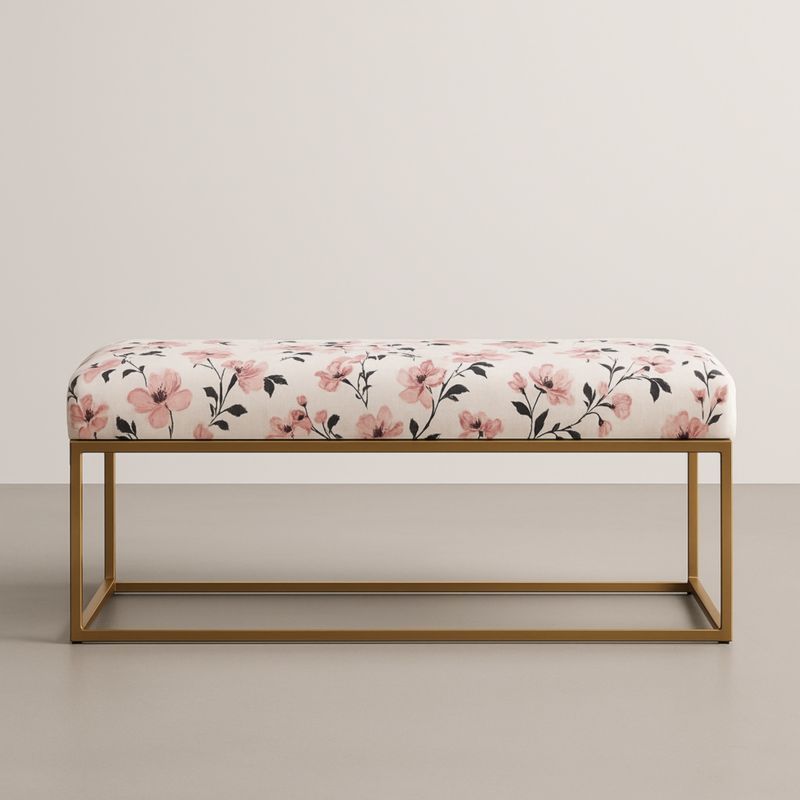 Panca in Metallo con Rivestimento Floreale Rosa e Telaio Oro