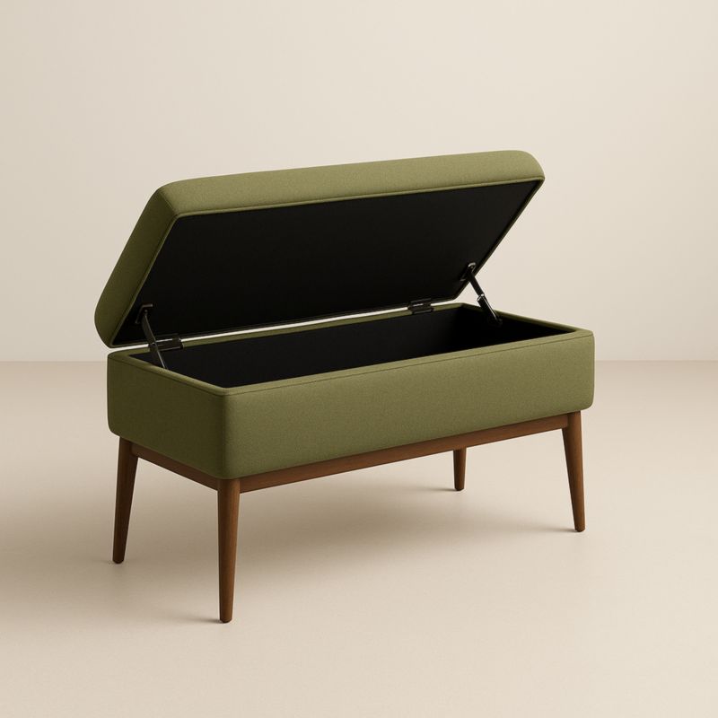 Panca contenitore in tessuto verde con gambe in legno di faggio