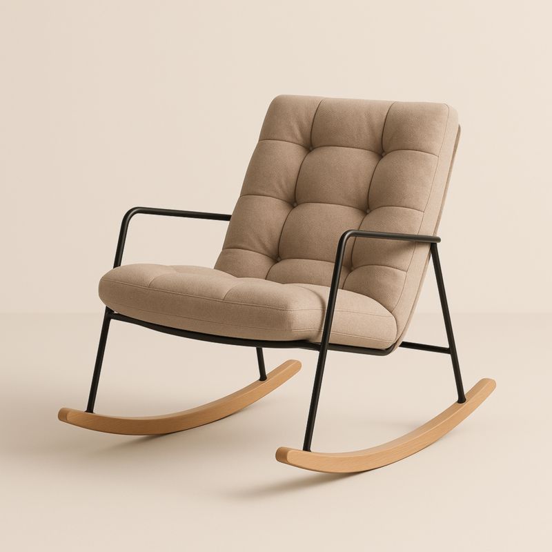 Sedia a dondolo in metallo e legno con rivestimento in poliestere beige