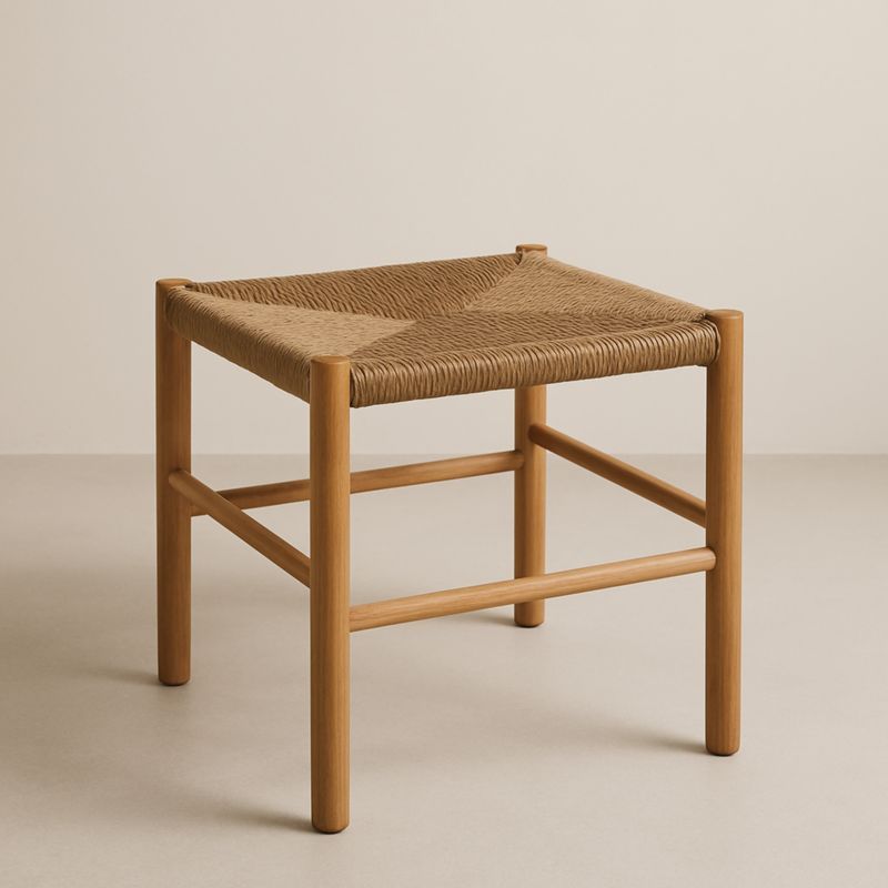 Sgabello in legno massello e seduta in corda intrecciata marrone