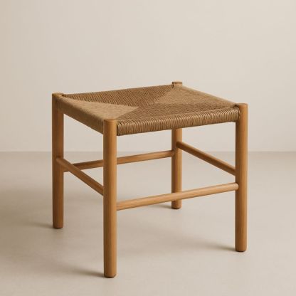 Sgabello in legno massello e seduta in corda intrecciata marrone