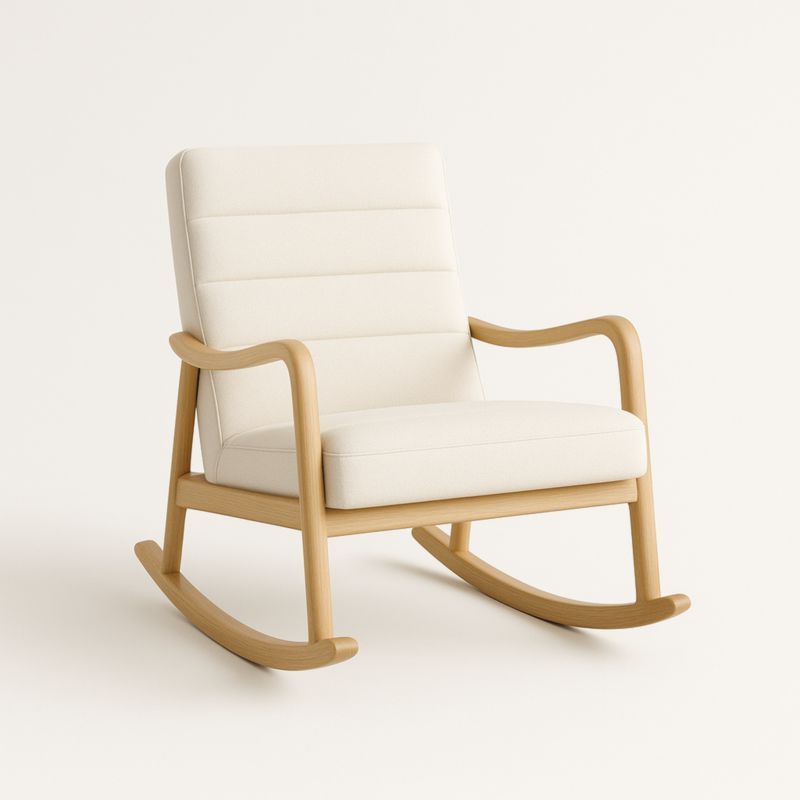 Sedia a dondolo in legno massello e tessuto bianco crema