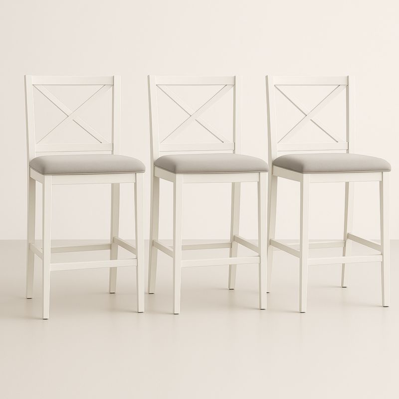 Set di 3 sgabelli da bar in legno bianco con seduta imbottita grigia