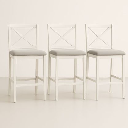 Set di 3 sgabelli da bar in legno bianco con seduta imbottita grigia