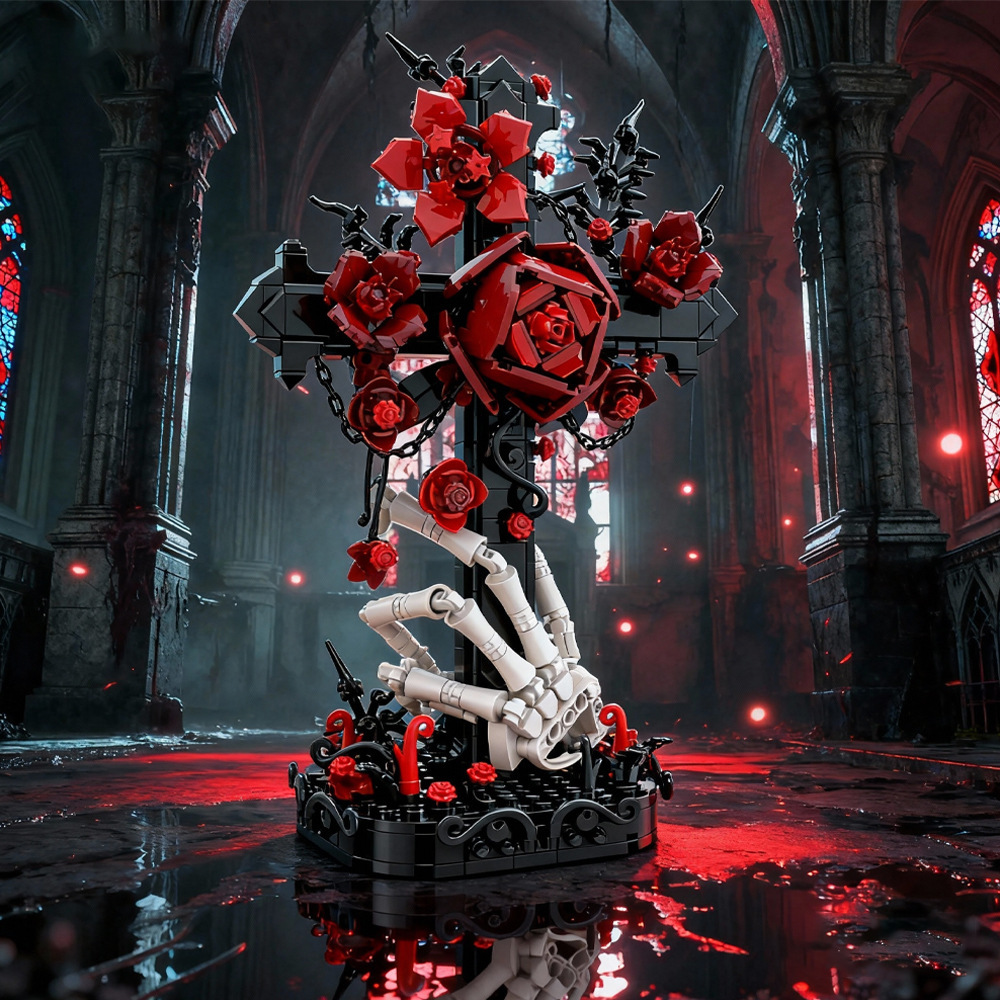 Gothic Aesthetic Rose Cross Building Set - Unique Skull Hand Brick Collectible