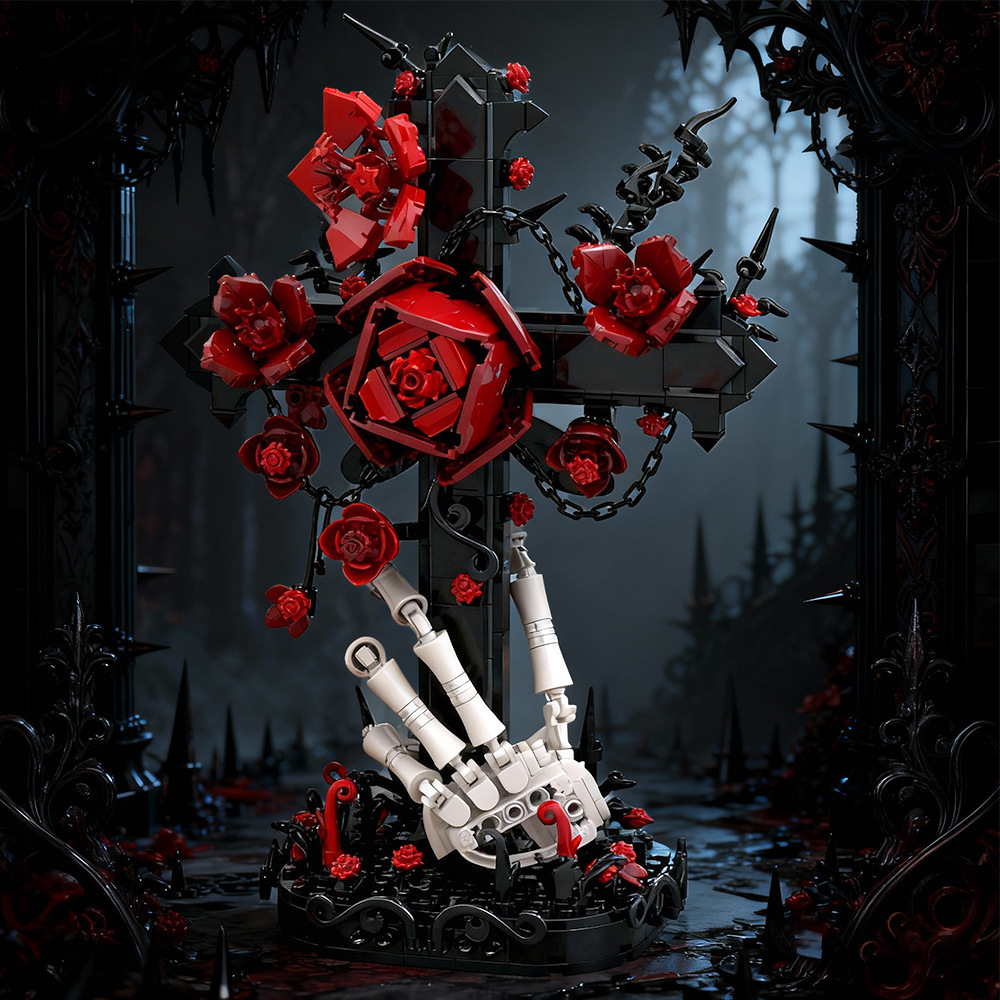 Gothic Aesthetic Rose Cross Building Set - Unique Skull Hand Brick Collectible
