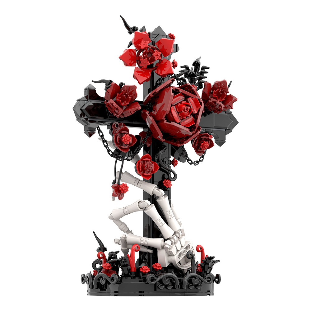 Gothic Aesthetic Rose Cross Building Set - Unique Skull Hand Brick Collectible