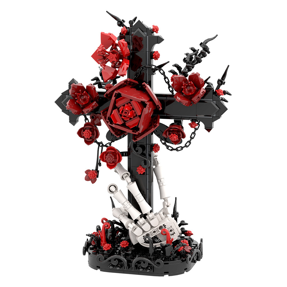Gothic Aesthetic Rose Cross Building Set - Unique Skull Hand Brick Collectible