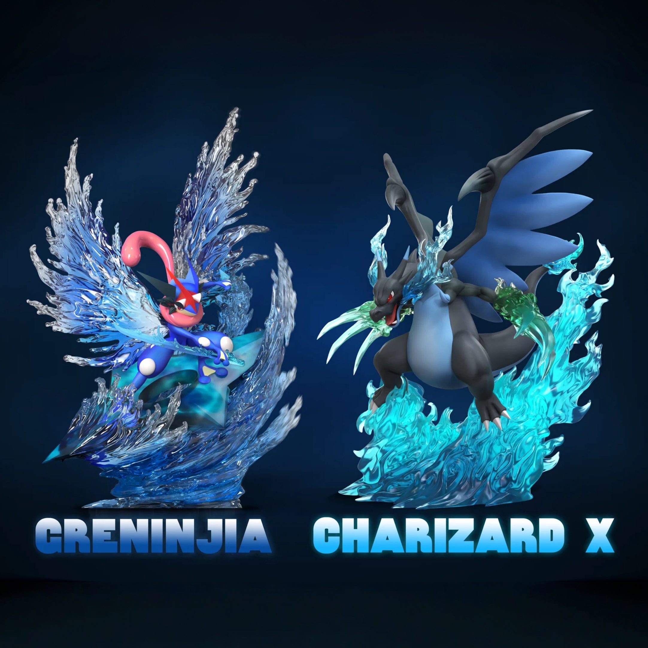 Pokemon Ash Greninja Butterfly Form & Mega Charizard X Statue
