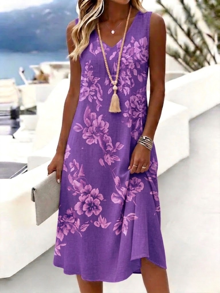 Purple - Women Floral Summer Dress V Neck Sl