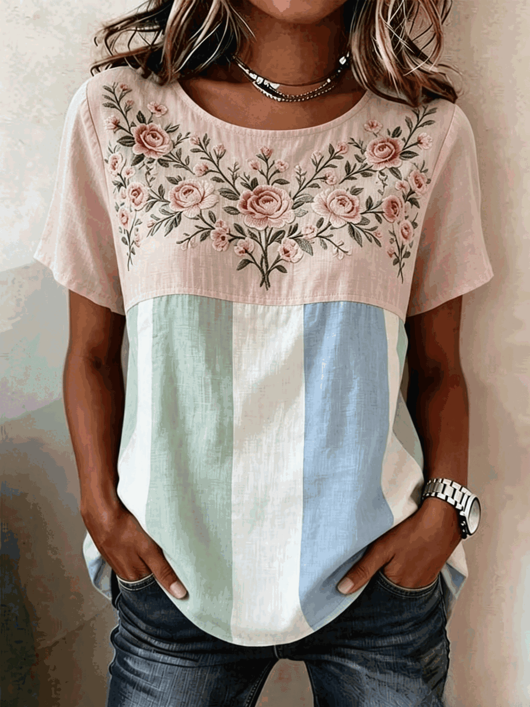 Casual Floral Crew Neck Short Sleev
