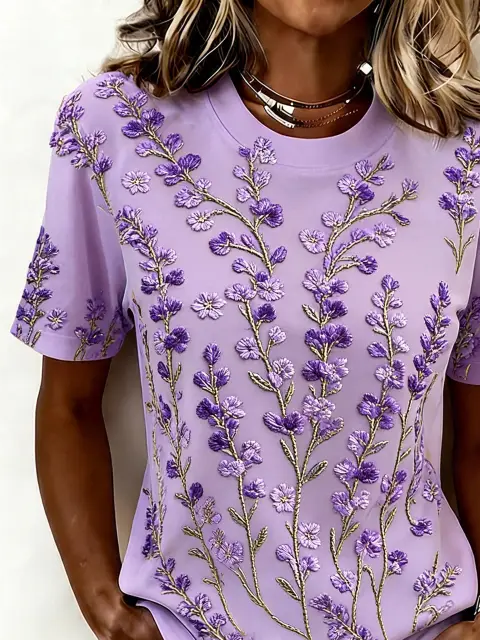 Casual Floral Crew Neck Short Sleev