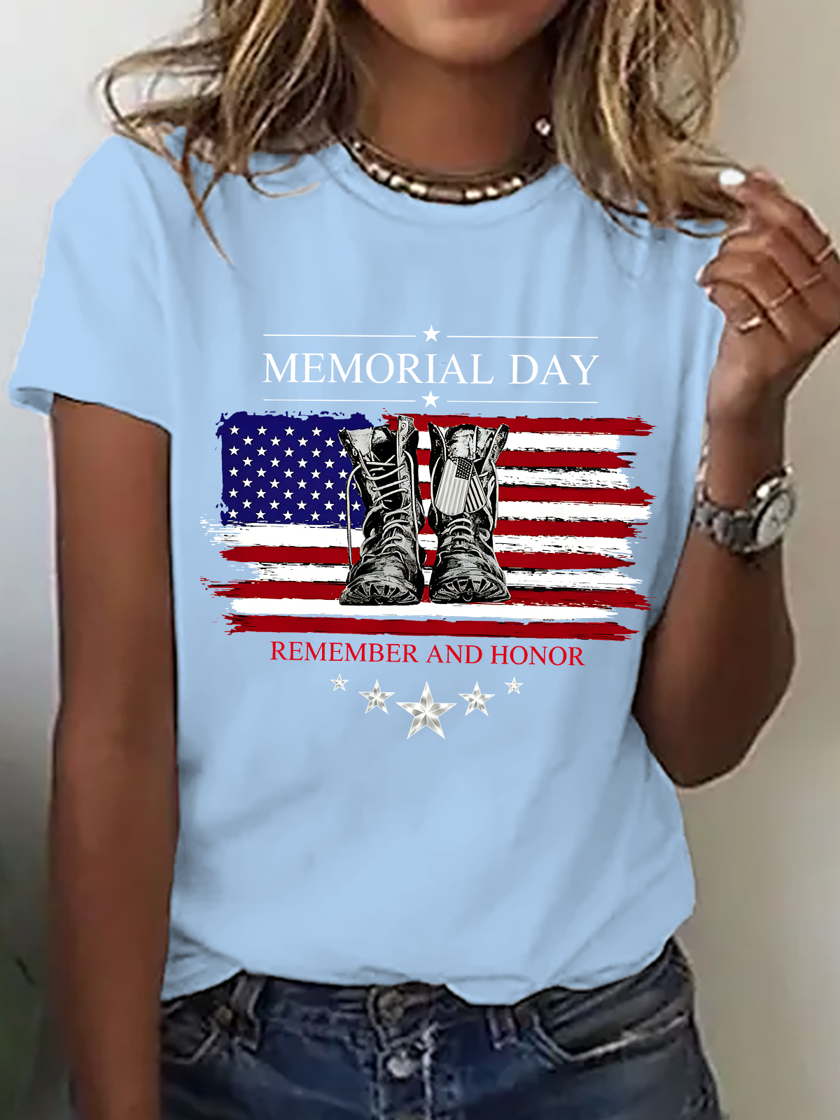 Sky Blue - Vintage Text Letters Crew Neck Shor