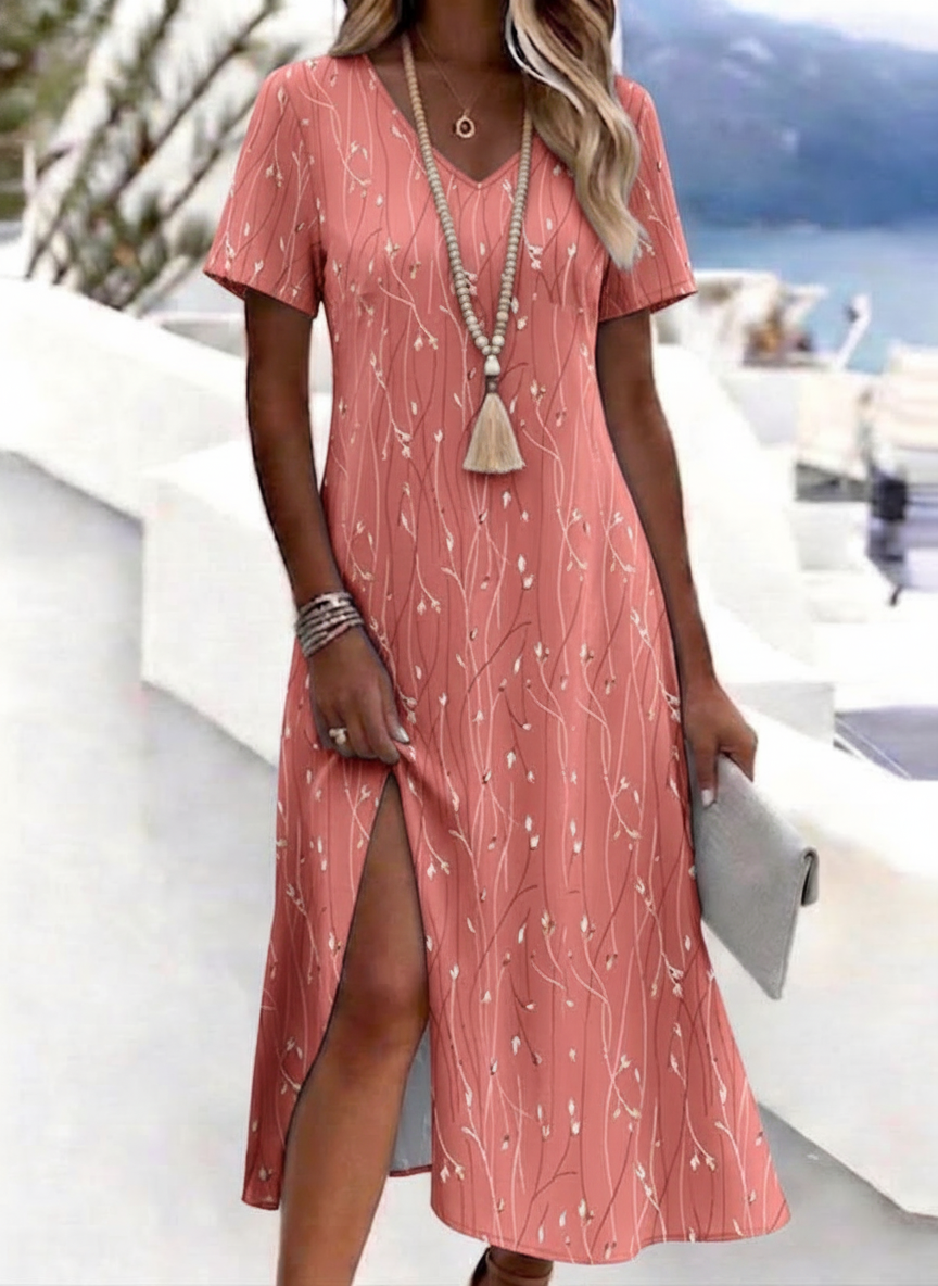 Light Pink - Women Floral Summer Dress V Neck Sh