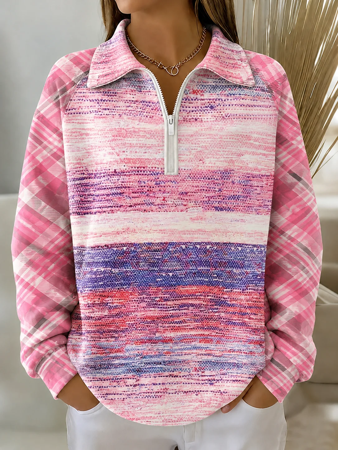 Casual Crew Neck Plaid Sweatshirt Printing