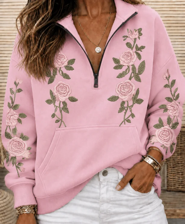 Casual Half Open Collar Floral Sweatshirt