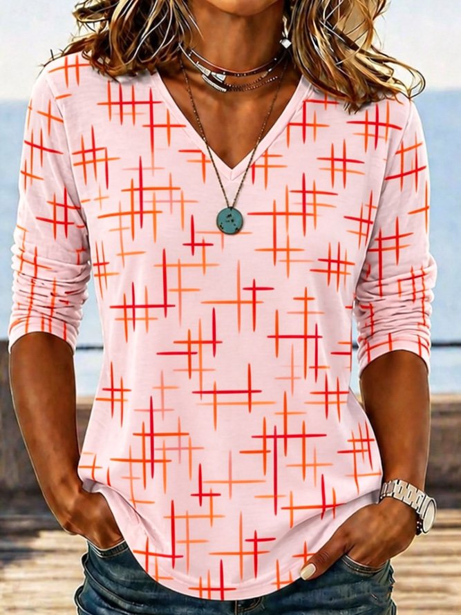 Casual Geometric V Neck Long Sleeve T-shirt