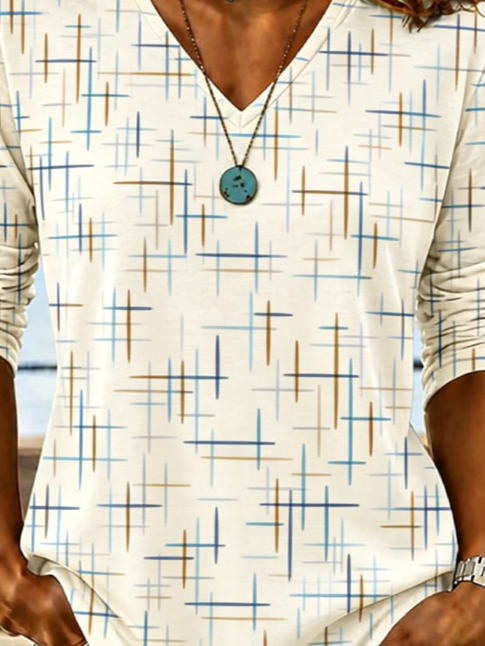Casual Geometric V Neck Long Sleeve T-shirt