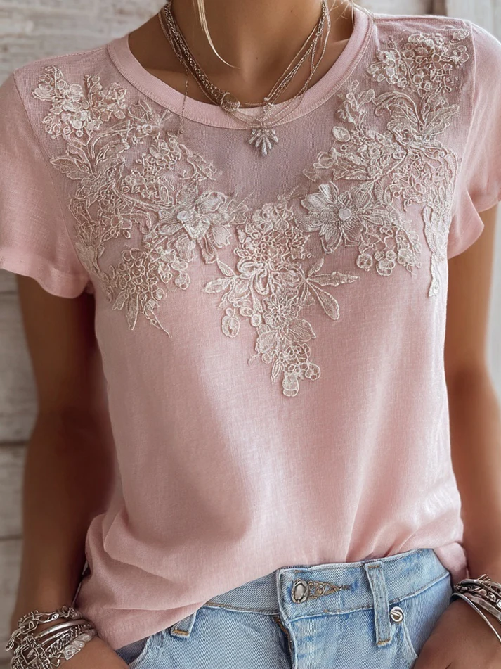 Casual Floral Crew Neck Short Sleeve T-shirt