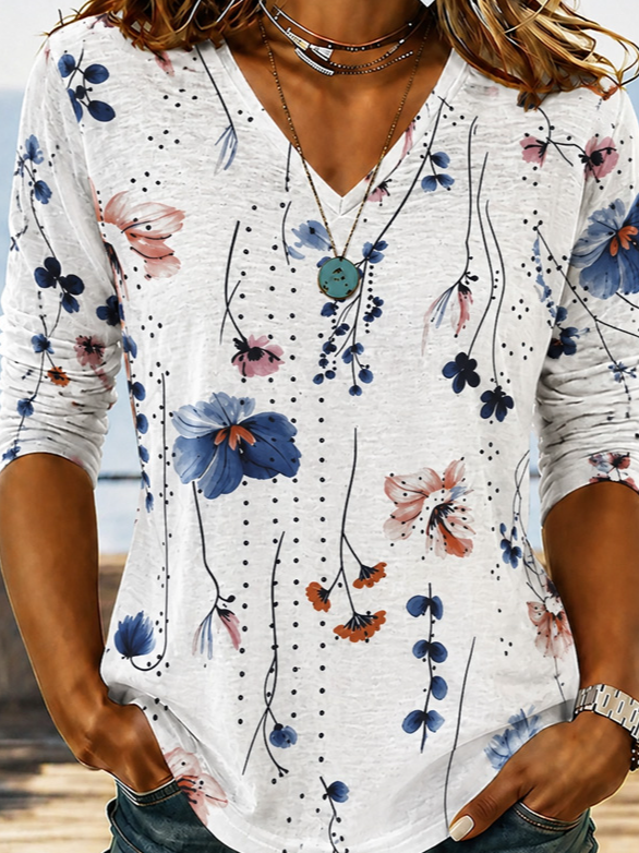 Casual Floral V Neck Long Sleeve T-shirt