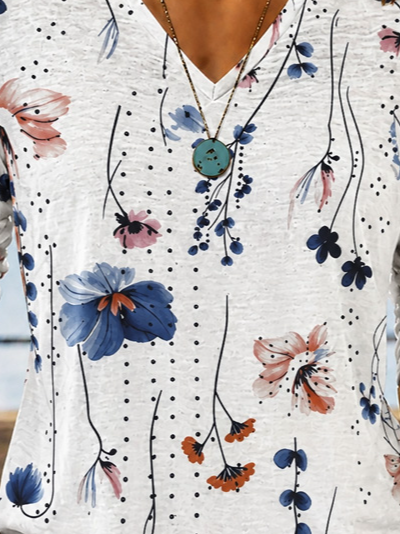 Casual Floral V Neck Long Sleeve T-shirt