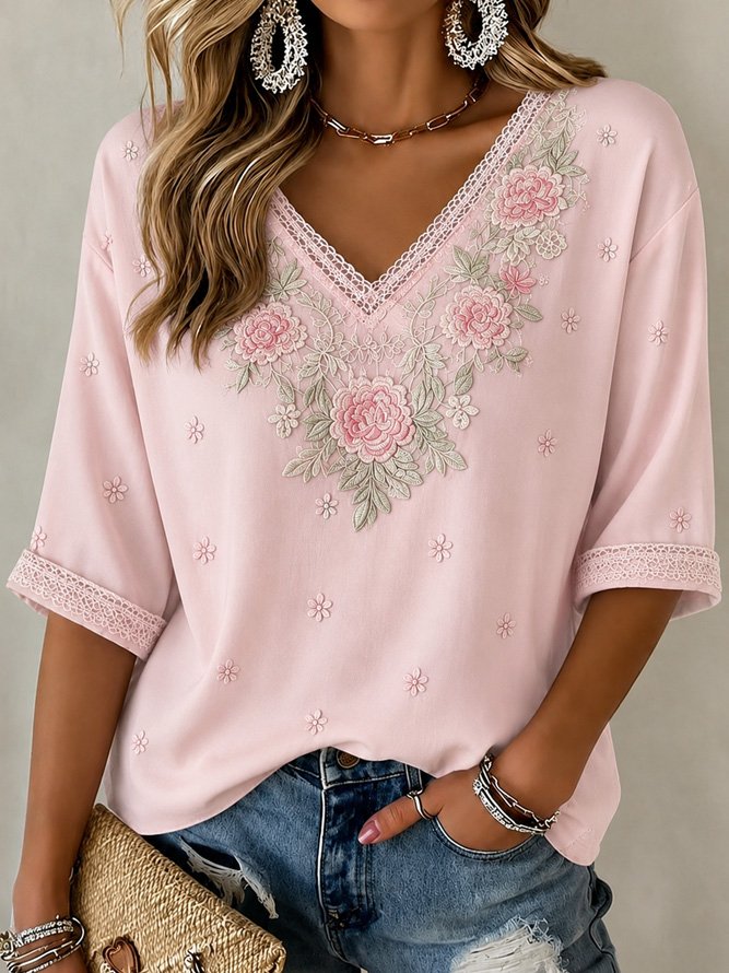 Vintage Floral V Neck Half Sleeve T-shirt