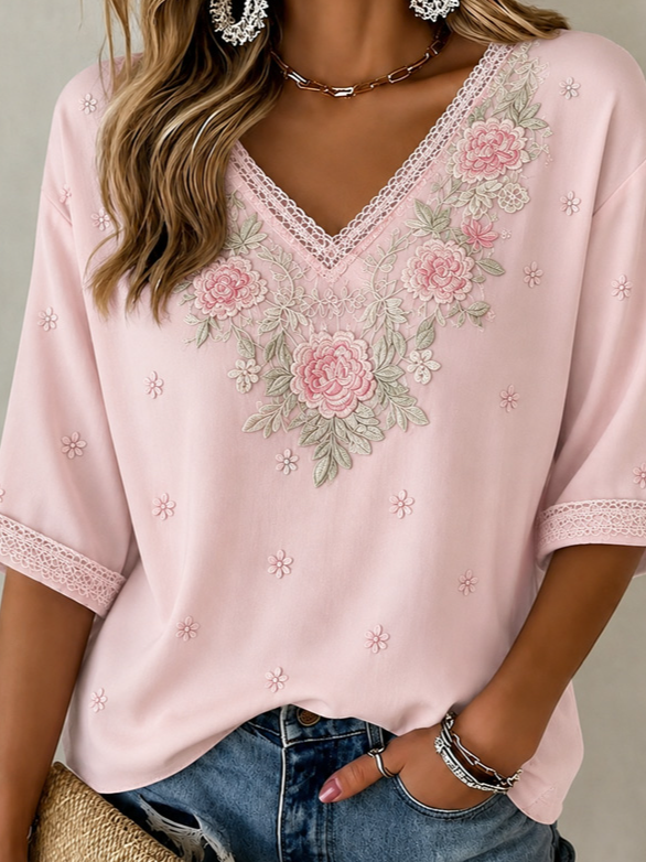 Vintage Floral V Neck Half Sleeve T-shirt